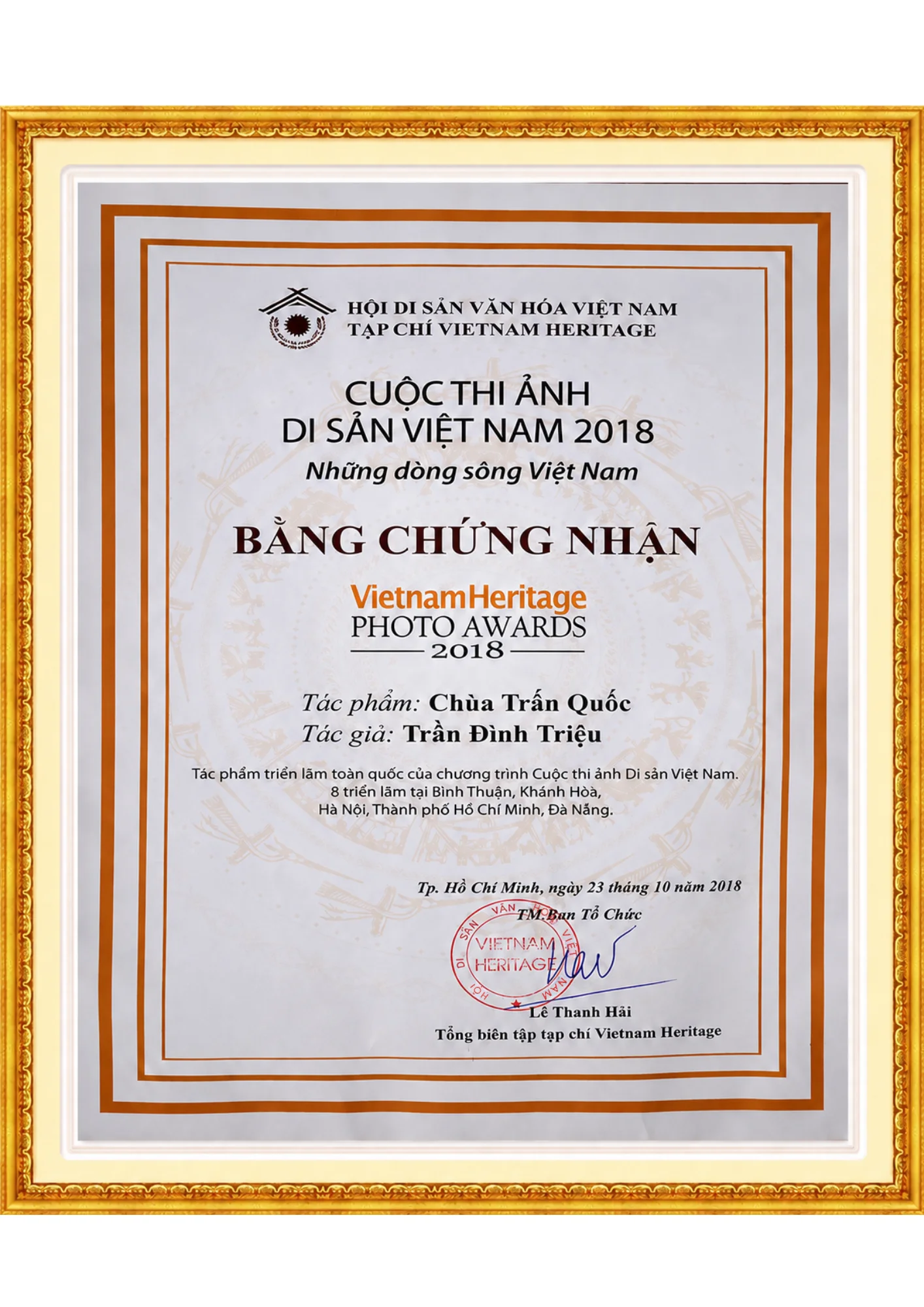 Bằng chứng nhận Vietnam Heritage Photo Awards 2018